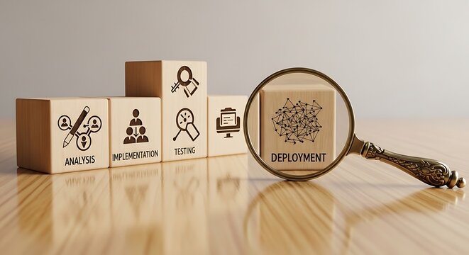 Software development lifecycle concept analysis implementation testing and deployment with magnifying glass