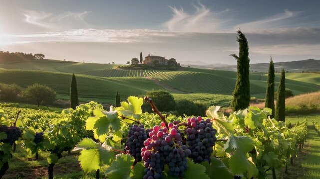 Grapes grow in a green vineyard under sunlight in the countryside of Tuscany during late afternoon
