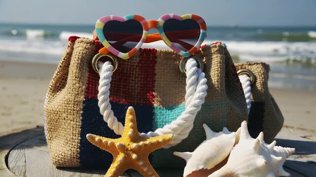 Enjoying beach time with a bag, sunglasses, shells, and starfish on a sunny day by the sea