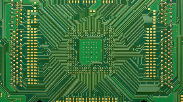 Seamless macro texture of clean microchip circuit board, green PCB with gold pins for technology, computing, and electronic background design