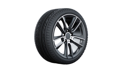 Isolated modern alloy car wheel with tire, new radial rubber, and dark gray multi-spoke rim.