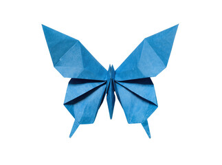 Isolated blue paper origami butterfly representing fragile beauty and delicate artistry.