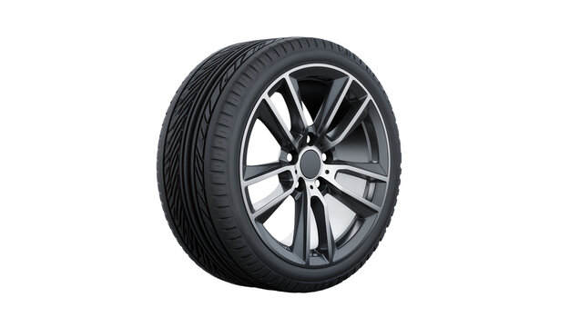Isolated modern alloy car wheel with tire, new radial rubber, and dark gray multi-spoke rim.
