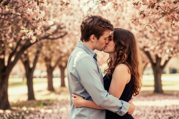 Fototapeta premium Young couple kiss under blooming trees, park pathway. Lovers embrace amid cherry blossoms, enjoying sweet moment together in spring. Outdoor romantic scene, tenderness.