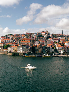 City View of Porto Portugal with Boats and Riverside Walk