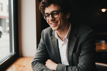 Fototapeta premium Young man with curly hair wears glasses and a suit jacket. He smiles genuinely while sitting indoors near a window with a blurred background. His expression is cheerful and friendly.