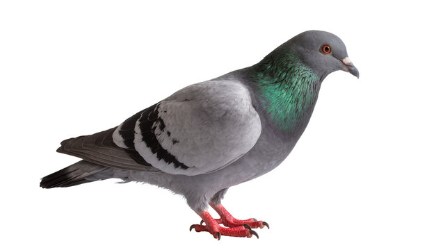 Isolated common grey rock dove pigeon with iridescent neck feathers, elegant bird portrait.