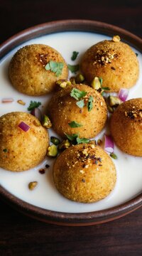 Golden fried balls float in creamy yogurt sauce topped with chopped pistachios and fresh cilantro. A delicious Pakistani Dahi Bhalla chaat street food delicacy served in a rustic bowl.