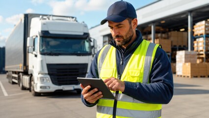 Obraz premium Warehouse Logistics Worker Using Tablet Near Delivery Truck Outside Distribution Center