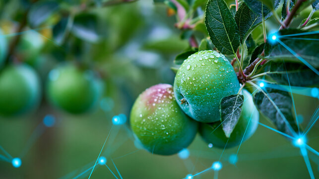 Close-up of a futuristic smart orchard with digital harvesting technology, AI agriculture concept, smart orchard photography, precision farming visualization, defocused