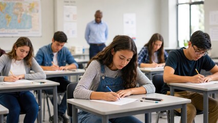 Fototapeta premium Students Writing Exam in Classroom During School Test and Education Assessment