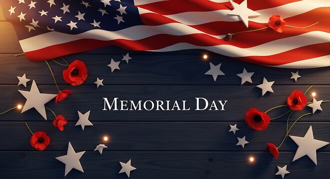 Memorial day celebration with american flag, poppies, and stars on wooden background