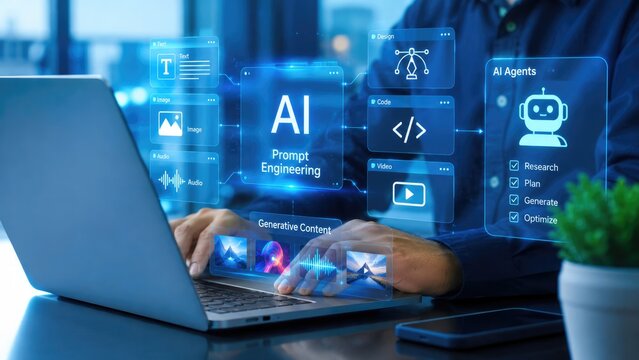 AI Prompt Engineering Concept with Digital Interface and Laptop