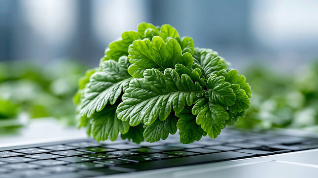 Close-up of sustainable cloud computing concept focusing on green energy and reducing digital waste, green cloud concept, cloud computing photography, eco digital visualization,