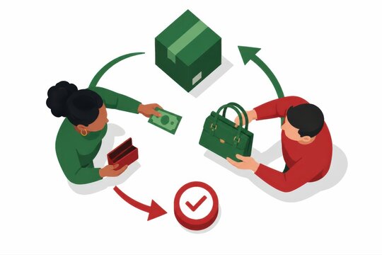 Isometric ecommerce return and payment workflow with buyer seller exchange arrows and copy space