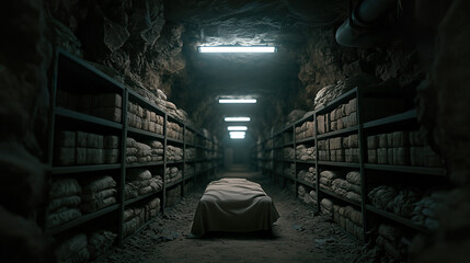 Naklejka premium Subterranean Storage Haven: Rows of Shelves Laden with Packages, Centered by a Simple Cot