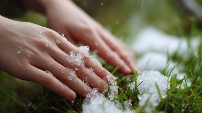 Child's hand touch snow and melting ice on vibrant green grass close up on a cold day outdoors, natural phenomenon in spring or winter