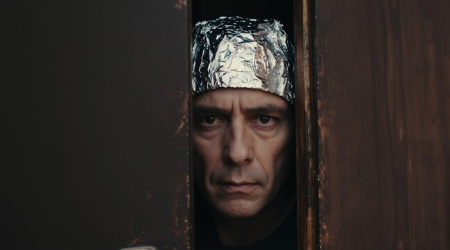 Man with foil hat peeks from door crack. His anxious face shows deep mistrust and fear. He guards against unseen threats, feeling constant worry and unease. He seeks safety and privacy indoors.