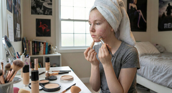 Teen girl with acne applies makeup foundation using brush at vanity table, white towel turban, gray t-shirt, bedroom with posters and cosmetics skincare routine concept.
