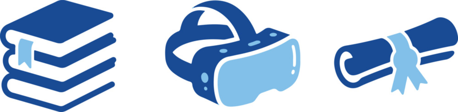 Education icons, virtual reality headset, diploma vector symbols, blue