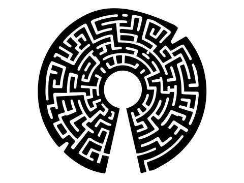 Ein kreisrundes Labyrinth, das optisch an ein Rad oder eine Zielscheibe erinnert. In der Mitte befindet sich ein kleiner, freier Kreis als Zielpunkt.KI Generiert