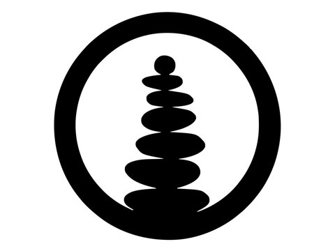 F&uuml;nf perfekt ausbalancierte Zen-Steine, die &uuml;bereinandergestapelt sind und von einem sauberen Kreis eingerahmt werden. Das Symbol steht klassisch f&uuml;r Harmonie, Balance und Entspannung.KI Generiert