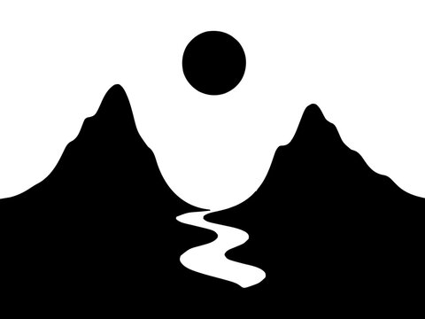 Eine reduzierte Landschaft, die zwei spitze Berggipfel zeigt, zwischen denen eine perfekt runde Sonne steht. Ein stilisierter Fluss schl&auml;ngelt sich im Vordergrund durch das Tal.KI Generiert