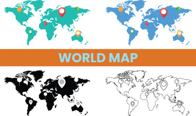 Naklejka premium World Map Vector with Location Pins, Global Navigation and Travel Map Set