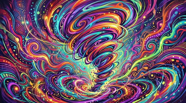 Vibrant psychedelic abstract art of a swirling rainbow tornado with colorful fluid patterns and energetic spiral motion painting.