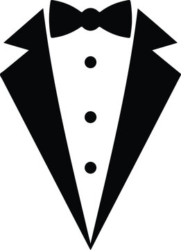 A solid black silhouette of a formal tuxedo front featuring wide lapels, three buttons, and a matching bow tie, minimalist and elegant graphic vector illustration