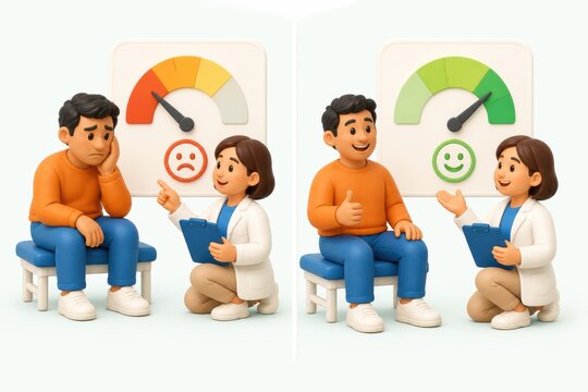 Mental health counseling concept with worried and happy patient beside therapist and mood meter