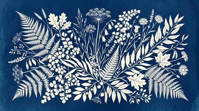 Modern Cyanotype Botanical Arrangement with Ferns Oak Leaves and Wildflowers in Indigo