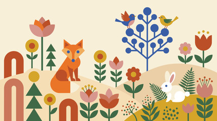 Obraz premium Cute geometric forest scene with fox rabbit and birds in a stylized landscape