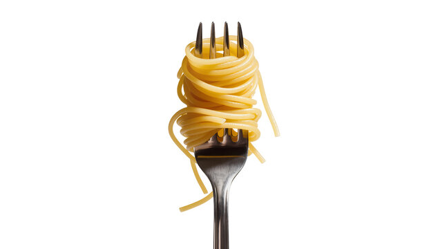 Isolated delicious cooked spaghetti pasta twirled around a shining silver fork ready to eat meal.