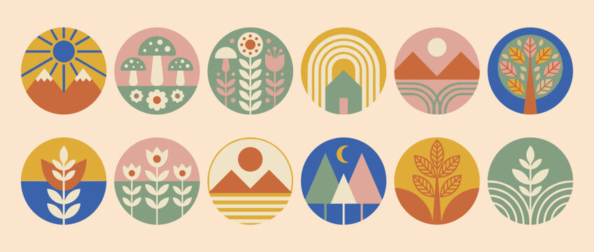 Collection of stylized nature and landscape icons in circles with a retro color palette