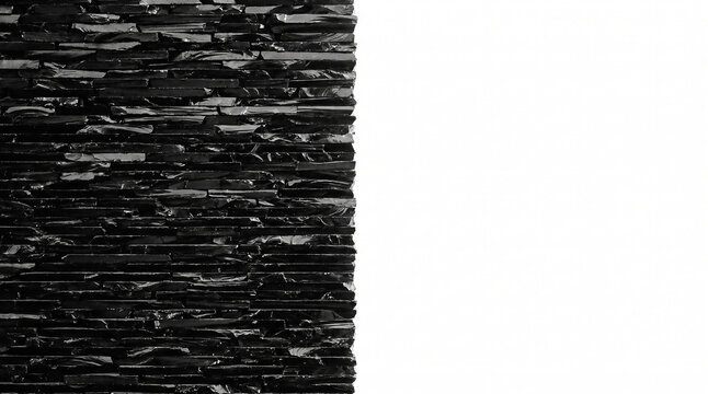 Black obsidian rock slat wall forming sharp vertical contour on white background