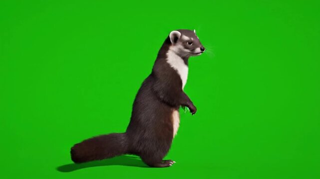 Malayan weasel performs a dance in a CG fur rendering in a bright green setting with smooth movements
