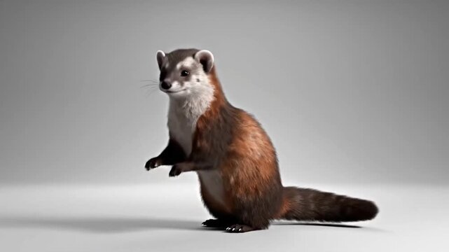Malayan weasel performs a dance in a digital animation with CG fur rendering techniques in a simple indoor setting
