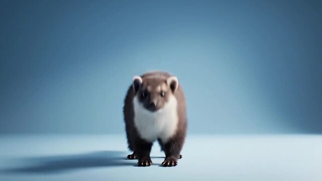 Malayan weasel performs a dance in detailed CG fur rendering in a simple blue background