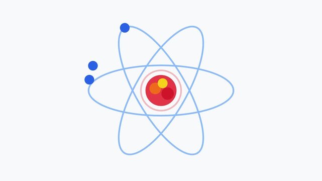 An illustration depicts an atom model with orbiting electrons around the nucleus.
