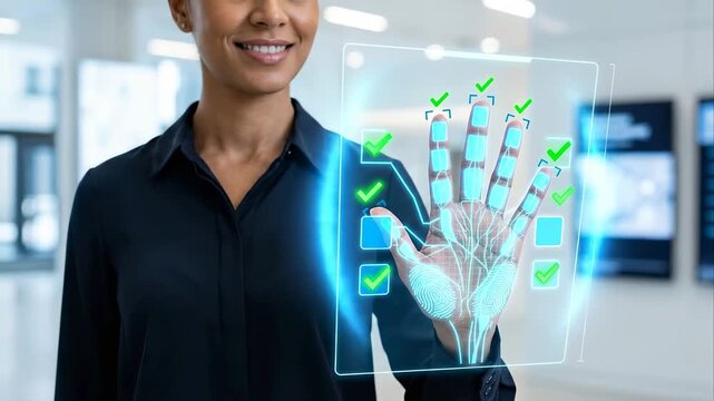 Professional woman undergoing a futuristic biometric identity verification process, placing her hand on a holographic scanner that analyzes fingerprints and palm veins for secure access control