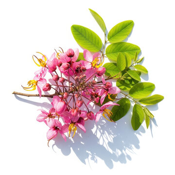 Pink cassia javanica flowers and green leaves isolated on white background