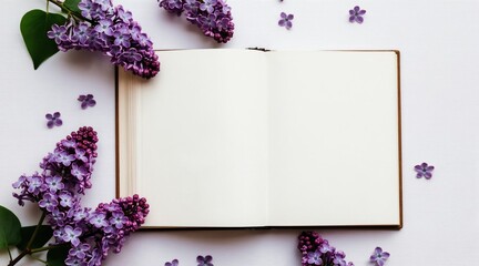 Obraz premium Flat lay of open book with blank pages and purple lilac flowers on white background. Top view spring floral arrangement for reading or writing.