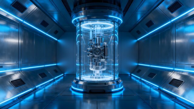 Futuristic chamber with glowing blue lights