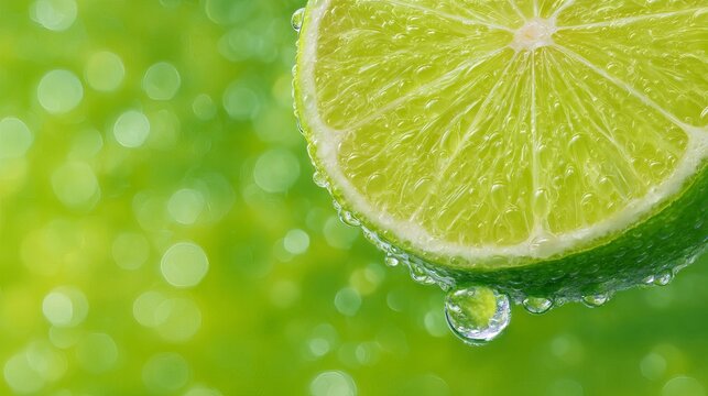 A close-up of a fresh lime slice with water droplets on a blurred green background