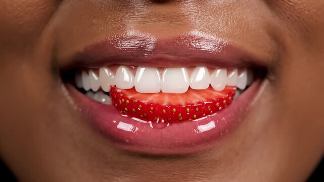 Beautiful african american woman with shiny lip gloss sensually eating a slice of ripe red strawberry, smiling with perfect white teeth and enjoying the fresh, juicy fruit against a dark background