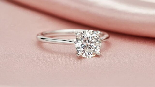 Expensive white gold engagement ring with a large brilliant cut solitaire diamond sparkling on a delicate pink silk background, symbolizing a marriage proposal, love, and luxury