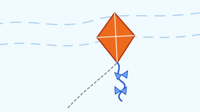 A person flies an orange kite with blue tails high in the sky outdoors