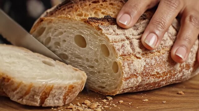 Close up of female hands holding a serrated knife and slicing a fresh, homemade, crusty loaf of sourdough bread on a rustic wooden cutting board, revealing the soft, airy interior