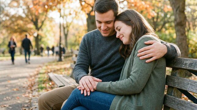 Young happy couple embracing on park bench during autumn afternoon with soft golden sunlight and fall foliage background.
